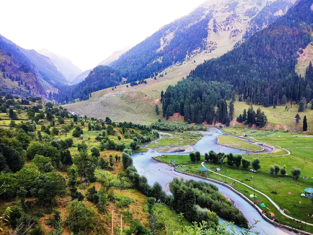 Lidder river winding through the green meadows of Betaab Valley near Pahalgam, pine-clad mountains rising on either side