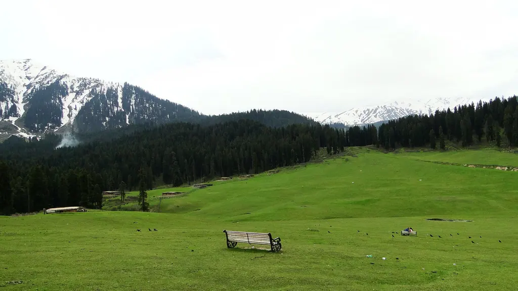 Rolling green meadows of Doodhpathri ringed by fir forest and snow-dusted Pir Panjal peaks