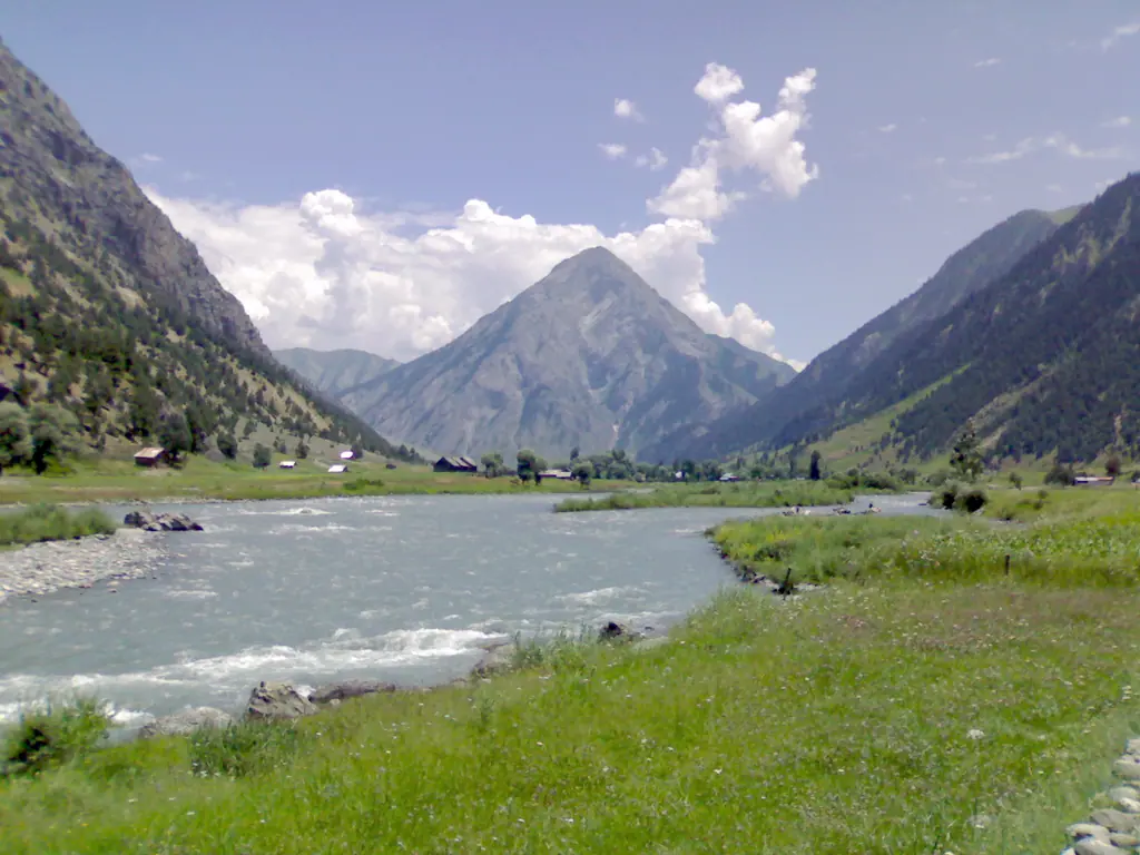 The Kishanganga river flowing through Gurez Valley toward the pyramid-shaped Habba Khatoon peak