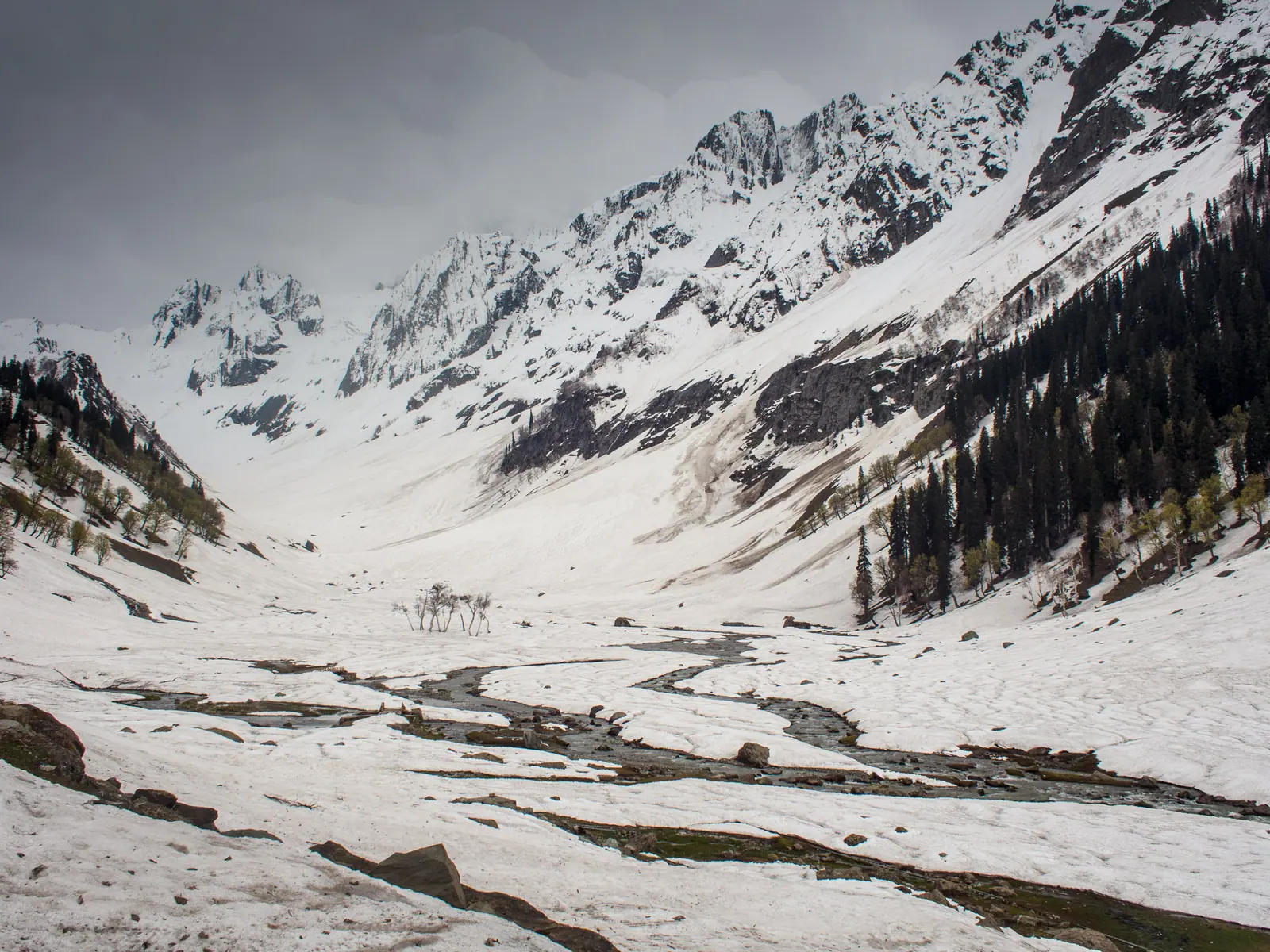 Snowbound Thajiwas valley above Sonamarg, a meltwater stream threading through snowfields toward the glacier and jagged peaks